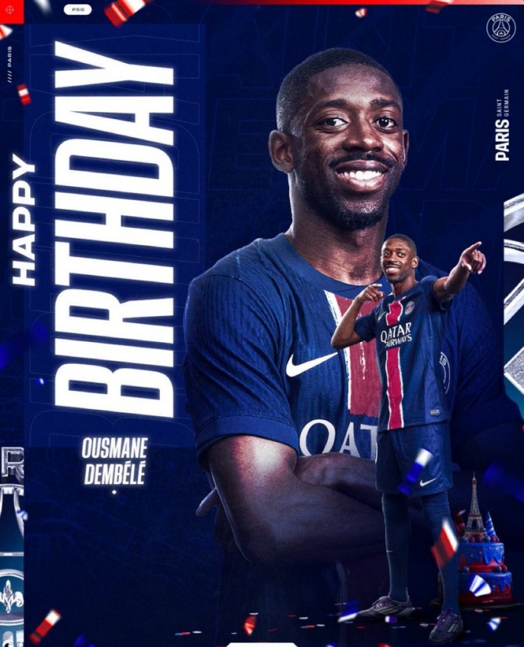 金球大热，巴黎官方祝登贝莱28岁生日快乐&本赛季33球13助